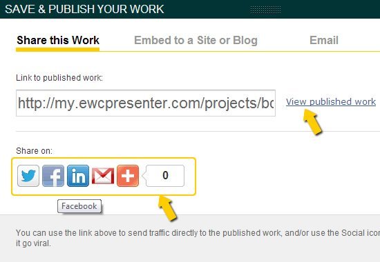 The new EWC Presenter Save, Share, and Publish Function