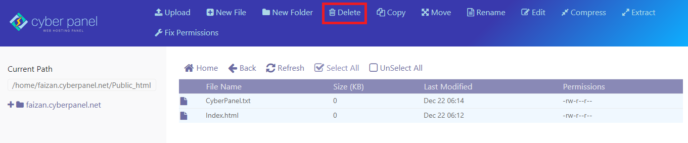 Select all the files in Public_html folder and delete